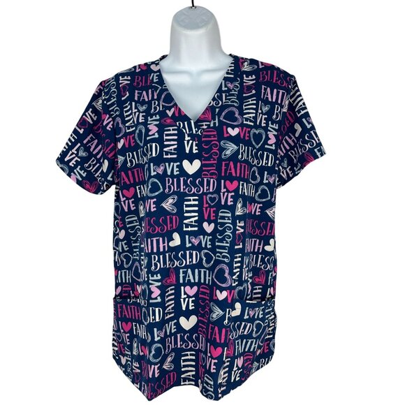 Divine Stretch Scrub Top Multi Love Faith Blessed Print V-Neck Short Sleeve M JD - Picture 1 of 12